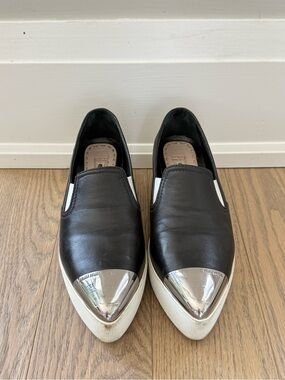 Miu Miu Black Leather Metal Toe Platform Slip-On Sneakers Size EU38